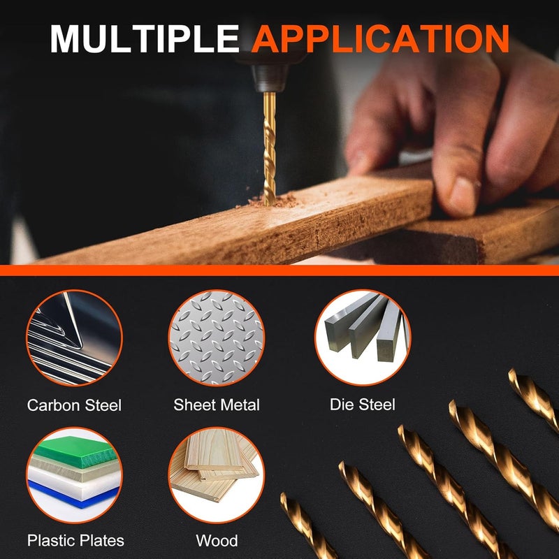 COMOWARE 100 Pcs Titanium Drill Bit Set - High Speed Steel for Steel, Wood, Plastic, Metal, Copper, Aluminum Alloy with Storage Case, 3/64"-3/8" - Image 2